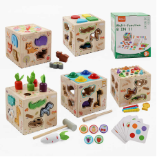 Куб логічний C 73230 (32) 8в1, 4 кулі, дерев’яний, магнітна риболовля, сортер за формами, годинник, 5 морквин, молоточок, картки, в коробці