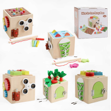 Куб логічний D 38468 (18) дерев’яний, магнітна риболовля, сортер за формами, годинник, спінер, шнурівка, рухомі шестерні, дверцята, 5 морквин, в коробці