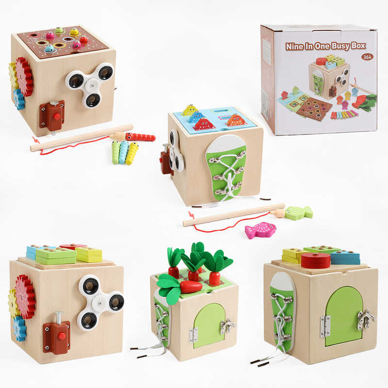 Куб логічний D 38468 (18) дерев’яний, магнітна риболовля, сортер за формами, годинник, спінер, шнурівка, рухомі шестерні, дверцята, 5 морквин, в коробці