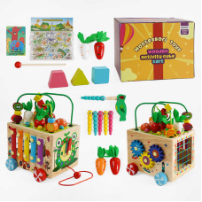 Куб логічний С 68358 (16) каталка, годинник, ксилофон, сортер, шестерні, морквяні грядки, черв’ячки, пальчиковий лабіринт, в коробці