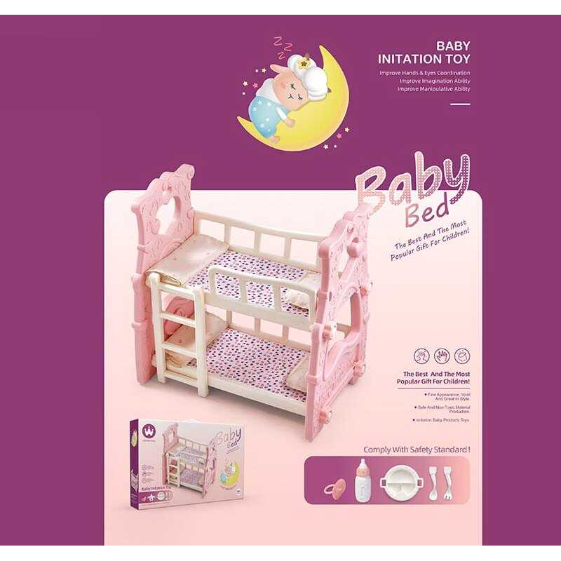 Ліжко для ляльки W 6908 B (12) двоповерхове, 50х38х55, посуд, пустушка, в коробці