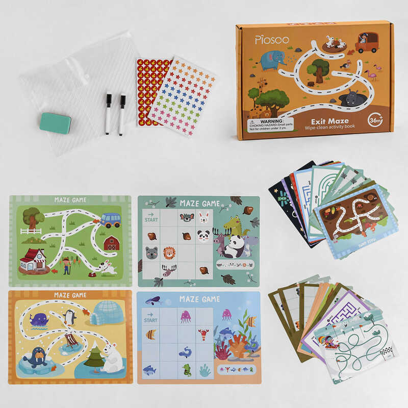 Логічна гра С 47861 (36) “Багаторазова книга – лабіринт“, 30 ігрових карток. два фломастери, тека, наліпки, в коробці