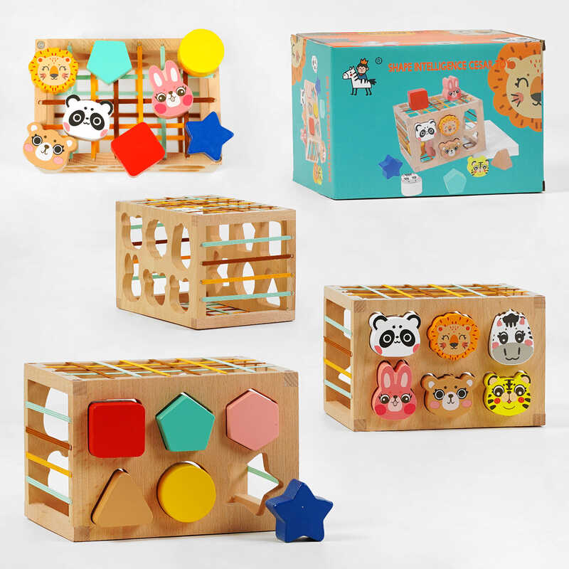 Логічна гра C 60392 (27) геометричний сортер, сортер тваринки, еластичні стрічки, дерев’яний куб, в коробці
