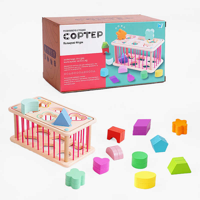 Логічна гра C 60434 (30) “WToys“, 2 геометричних сортери, стінки з резинок, 12 дерев’яних фігурок, в коробці