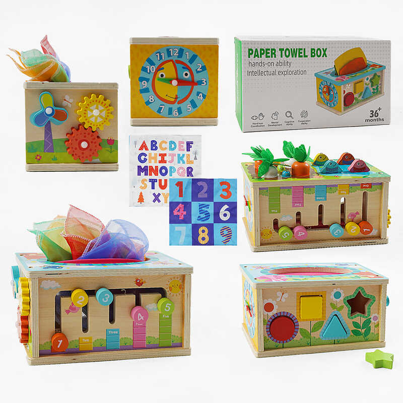 Логічна гра C 65627 (18) дерев’яна, магнітна риболовля, серветки, геометричний сортер, шестерні, годинник, в коробці