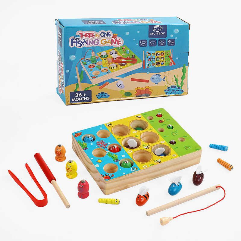 Логічна гра C 65628 (48) дерев’яна, магнітна риболовля, хробаки, бджілки, магнітна паличка, вудка, щипці, в коробці