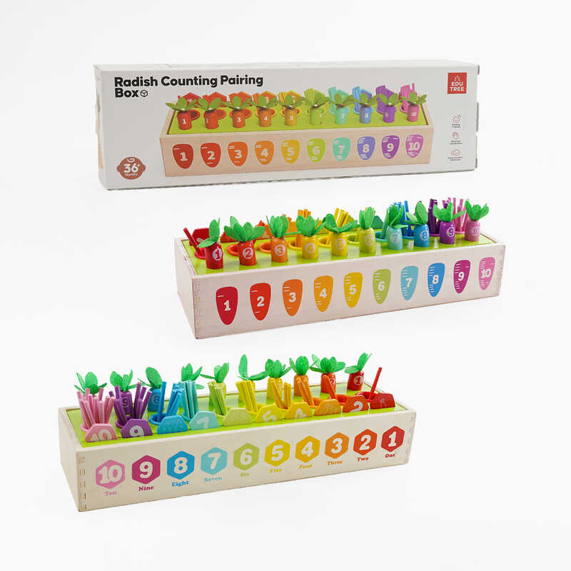 Логічна гра C 65660 (24) дерев“яна, математична, 10 комірок з позначеннями цифр, математичні символи, морквинки, кольорові відерця, в коробці 