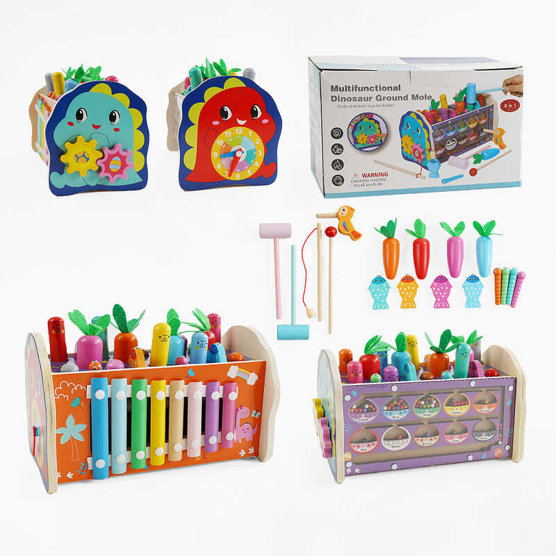 Логічна гра C 65677 (18) дерев“яна, магнітна риболовля, магнітне сортування кульок, ксилофон, стукалка,  гра “Грядка з морквинками”, рухомі шестерні, в коробці