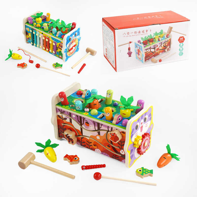 Логічна гра C 65771 (24) дерев“яна, 5 ігрових панелей, стукалка, ксилофон, рухомі шестерні, циферблат, у коробці