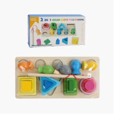 Логічна гра C 68834 (80) 2 в 1, дерев“яна, магнітна риболовля, сортування фігурок, ігрова платформа, рибки, вудка, геометричні фігури, в коробці 