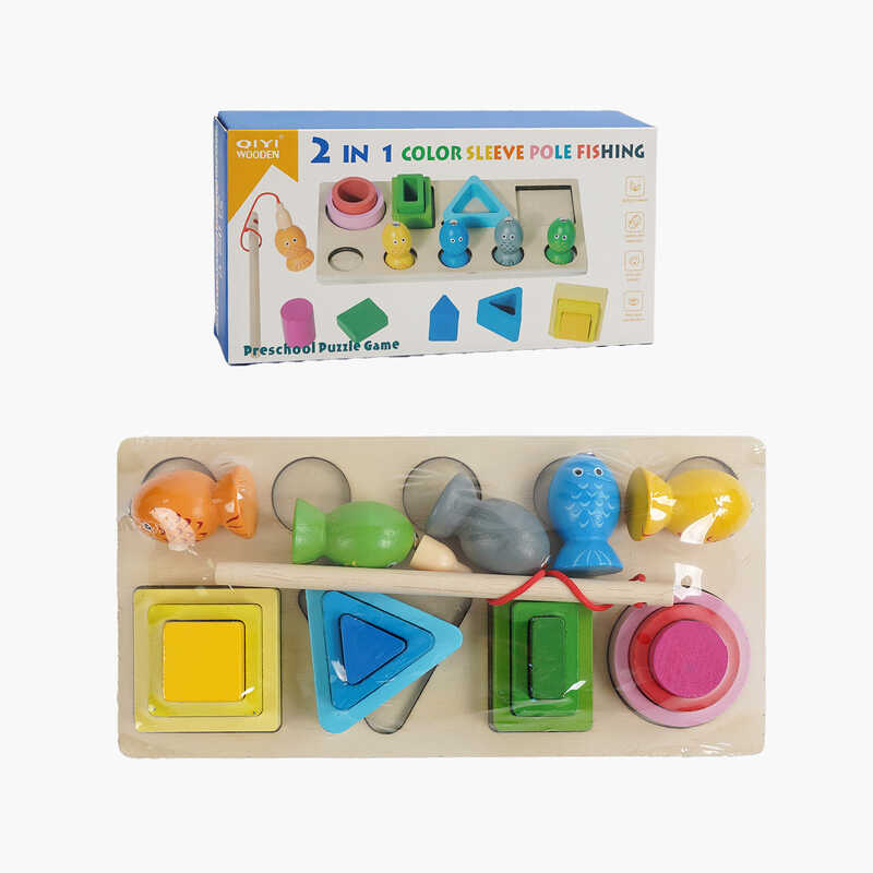Логічна гра C 68834 (80) 2 в 1, дерев“яна, магнітна риболовля, сортування фігурок, ігрова платформа, рибки, вудка, геометричні фігури, в коробці 