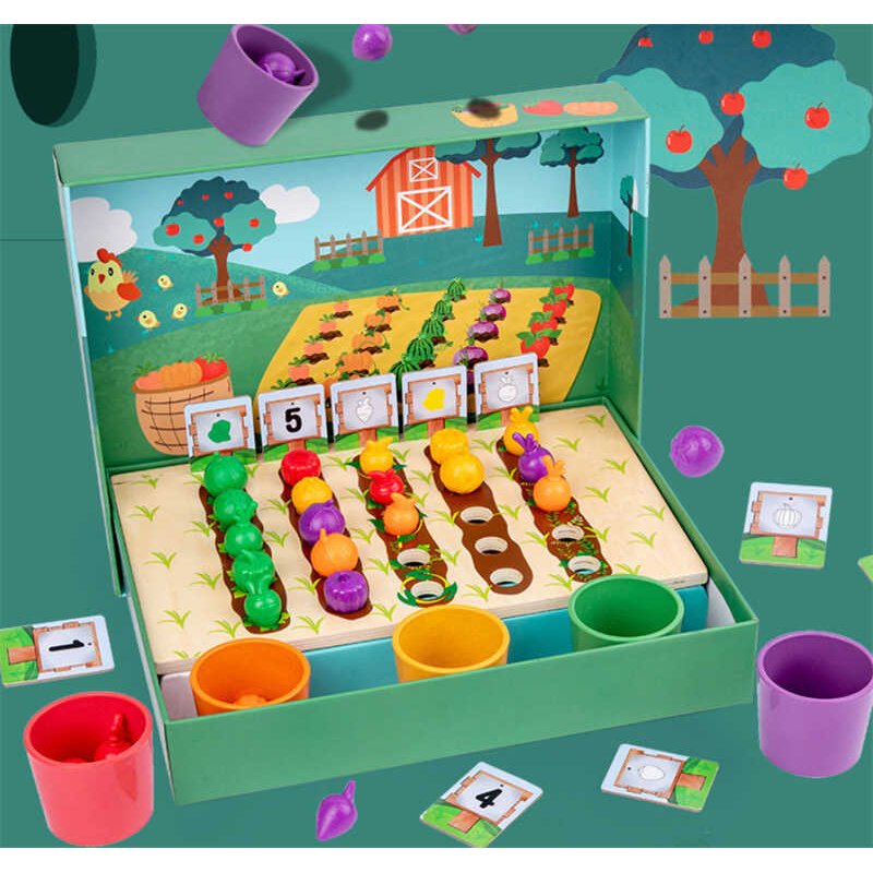 Логічна гра C 72529 (22) дерев’яна основа, 5 чаш для сортування, 25 гумових овочів, 10 двосторонніх карток із завданнями