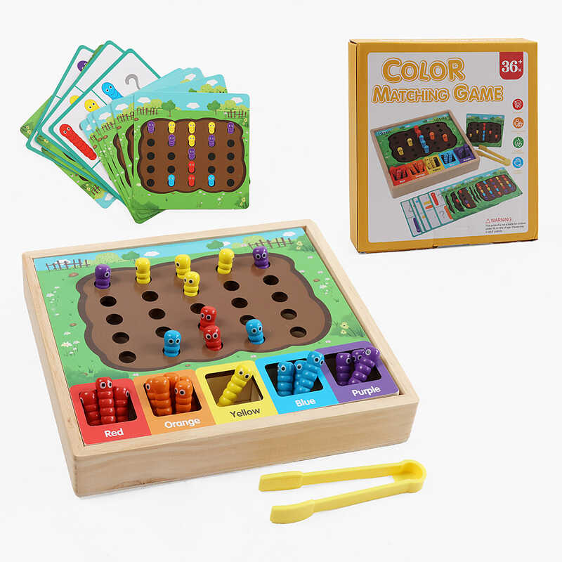 Логічна гра C 73291 (40) дерев’яна, хробачки, сортер, двосторонні картки із завданнями, щипці, в коробці
