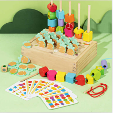 Логічна гра C 73329 (32) дерев“яна, сортер, фігури, шнурівка, кілочки, 10 карток, в коробці