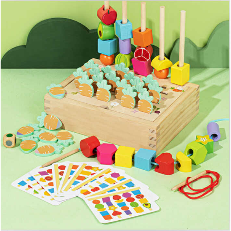 Логічна гра C 73329 (32) дерев“яна, сортер, фігури, шнурівка, кілочки, 10 карток, в коробці