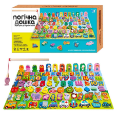 Логічна дерев’яна дошка 31592 (40) “WToys“, математичний+фруктовий сортер, транспорт, літери, магнітна риболовля, в коробці