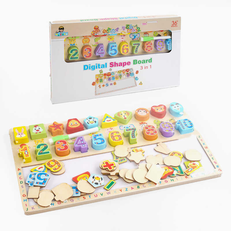 Логічна дерев’яна дошка C 65772 (32) 3в1, сортер, “пиши-стирай“, цифри, тваринки, олівець, розв“язання прикладів, у коробці