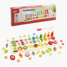 Логічна дерев’яна дошка C 65785 (40) половинчаті фрукти, кілочки з кільцями, сортер, цифри, знаки додавання-віднімання, дорівнює, в коробці