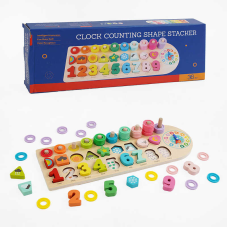 Логічна дерев’яна дошка C 65800 (24) сортер, цифри англійською, годинник з рухливою стрілкою, кілочки з кільцями, явища природи, в коробці  