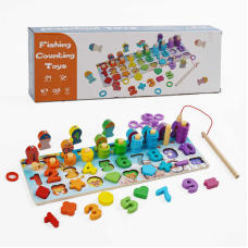 Логічна дерев’яна дошка C 67014 (56)  магнітна риболовля, кілочки з кільцями, сортер, цифри англійською, фігури, в коробці