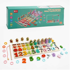 Логічна дерев’яна дошка C 67016 (40) магнітна риболовля, кілочки з кільцями, сортер, цифри, продукти, в коробці
