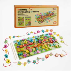 Логічна дерев’яна дошка C 67048 (20) літери та назви продуктів англійською, сортер, цифри, шнурівка, кульки, палички, в коробці