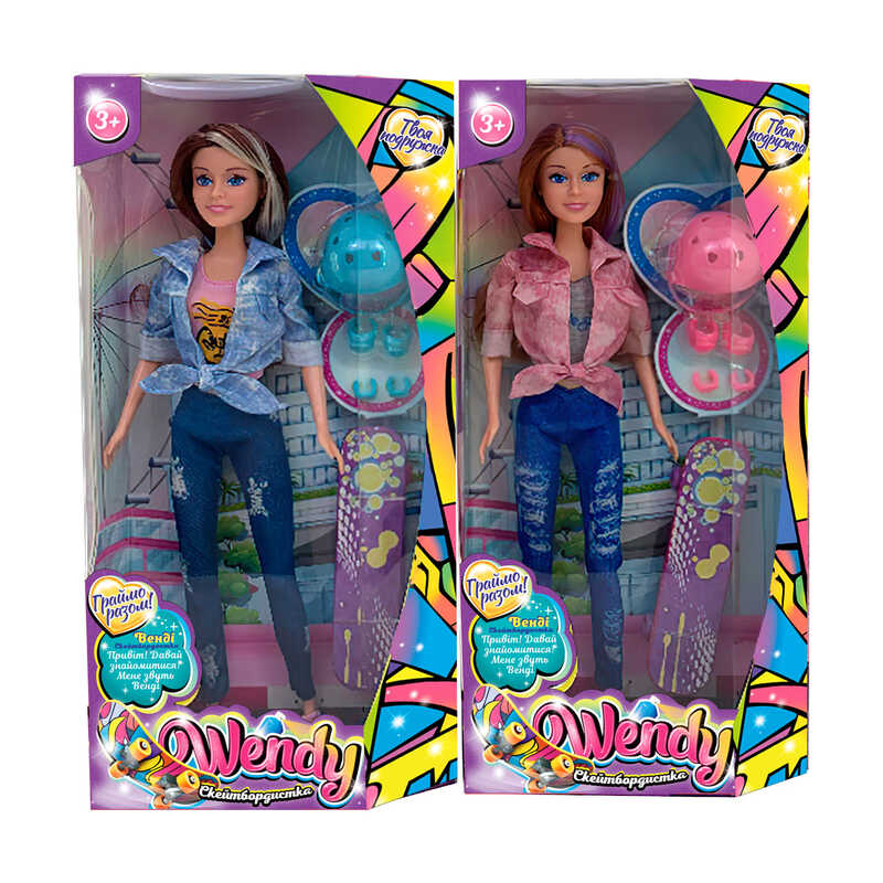 Лялька 43010 (24/2) “Wendy“, 2 види, “Скейтбордистка”, висота 30 см, скейт, шолом, аксесуари, в коробці