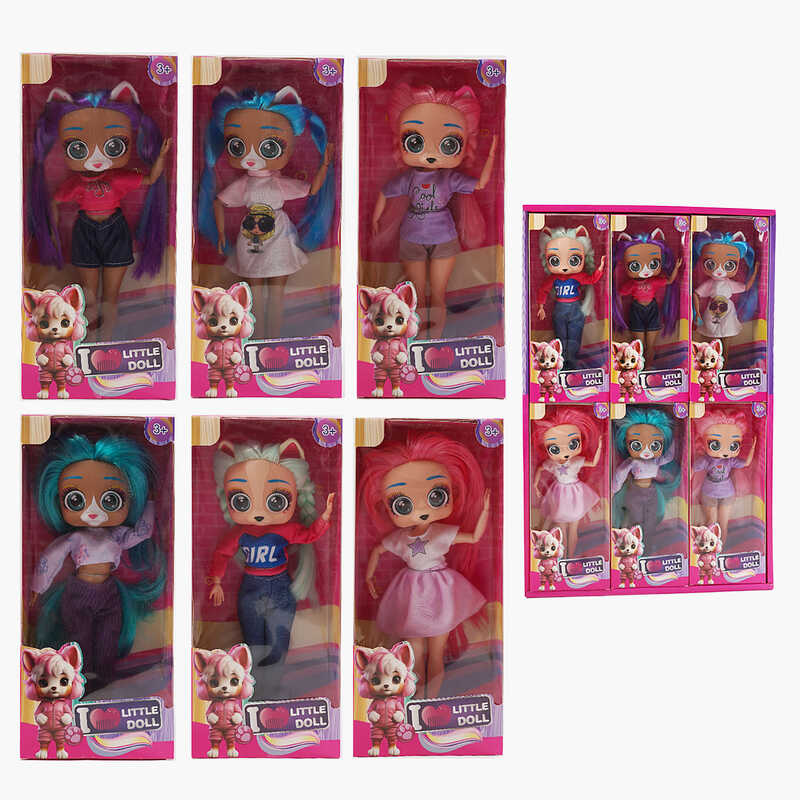 Лялька 697 A (18/2) ЦІНА ЗА 6 ШТУК В БЛОЦІ, висота 27 см, верхні кінцівки на шарнірах, гумова голова з вушками, обличчя тваринки, знімний одяг, в коробці