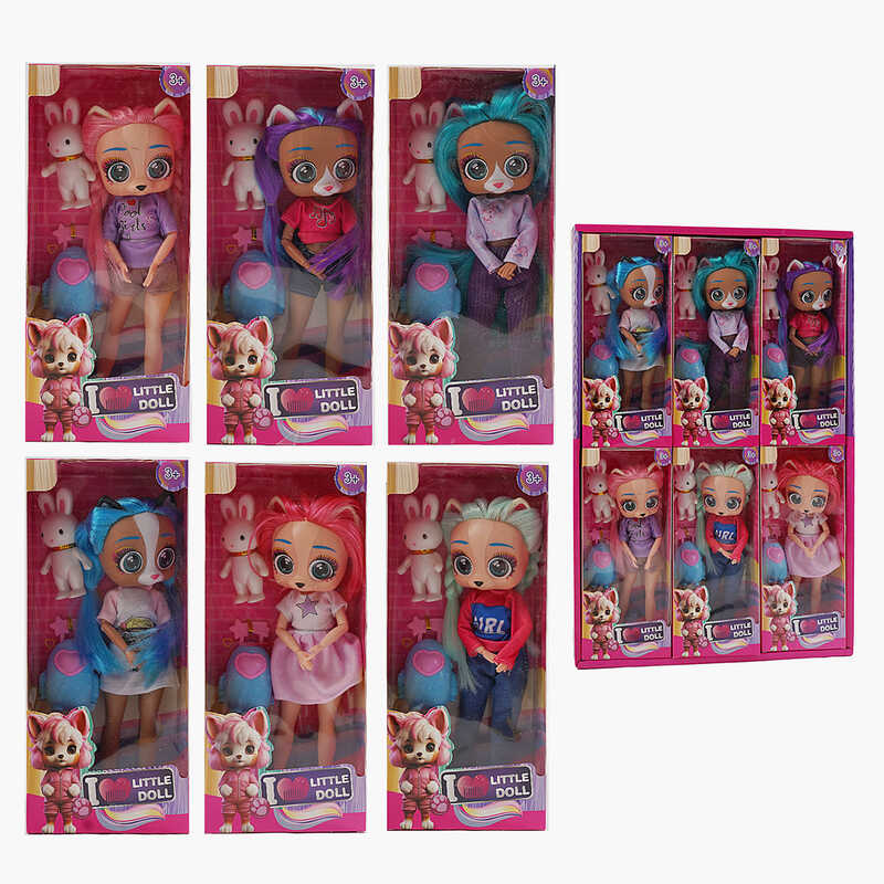 Лялька 697 A2 (18/2) ЦІНА ЗА 6 ШТУК В БЛОЦІ, висота 27 см, верхні кінцівки на шарнірах, гумова голова з вушками, обличчя тваринки, знімний одяг, зайчик, валізка, в коробці