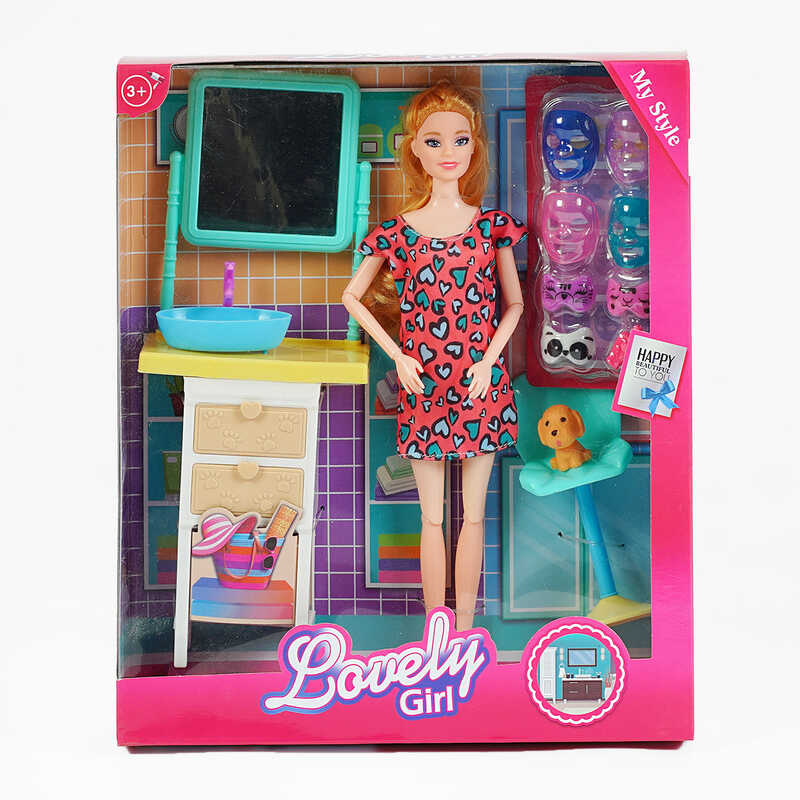 Лялька 785 C (48/2) умивальник з тумбою, стільчик з собакою, набір масок, висота ляльки 30 см, в коробці