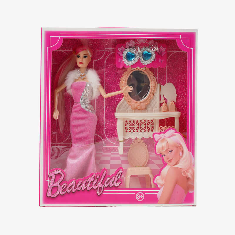 Лялька 8021-1 (60/2) висота 30см, гумова голова, верхні кінцівки на шарнірах, трюмо з дзеркальцем, стільчик, сережки, в коробці