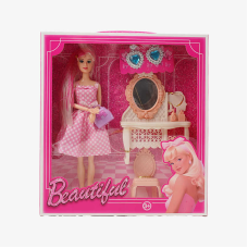 Лялька 8021-2 (60/2) висота 30см, гумова голова, верхні кінцівки на шарнірах, трюмо з дзеркальцем, стільчик, сумочка, сережки, в коробці