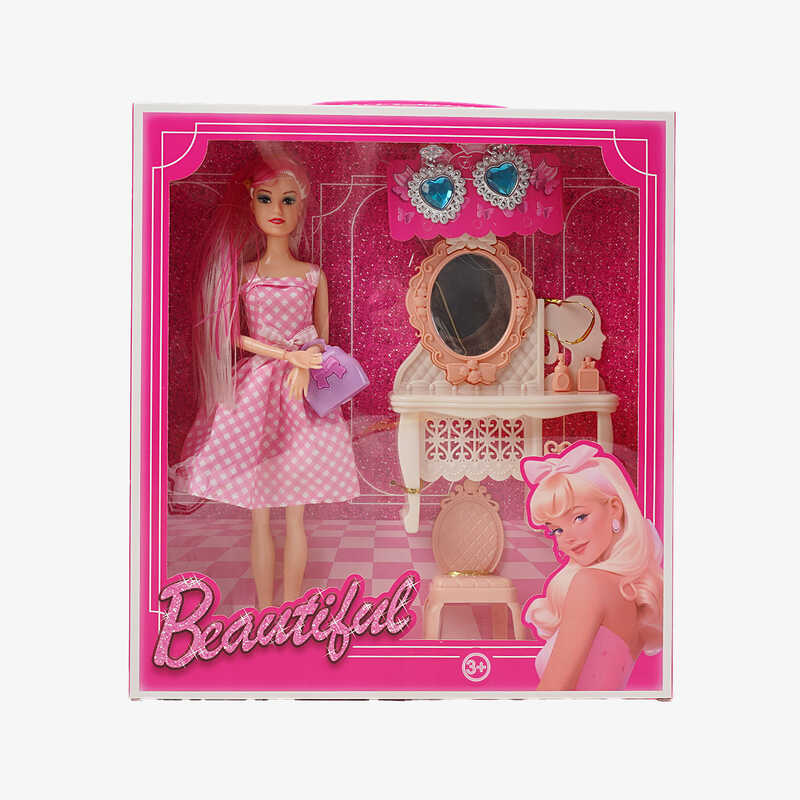 Лялька 8021-2 (60/2) висота 30см, гумова голова, верхні кінцівки на шарнірах, трюмо з дзеркальцем, стільчик, сумочка, сережки, в коробці