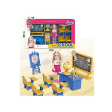 Лялька 9045-6 (36) “Школа“, 9 елементів, висота ляльки 14см, глобус, 2 дошки, 4 парти, вчительський стіл, підзорна труба, в коробці