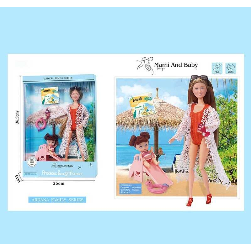 Лялька A 795-3 (36/2) мама з донечкою, надувне коло, гірка, коктейль, висота 30 см, в коробці Лялька A 795-3 (36/2) мама з донечкою, надувне коло, гірка, коктейль, висота 30 см, в коробці