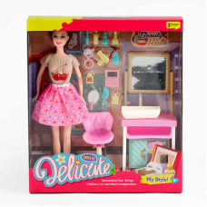 Лялька A 8-116 (48/2) умивальник з тумбою, стільчик, набір косметики, висота ляльки 30 см, в коробці