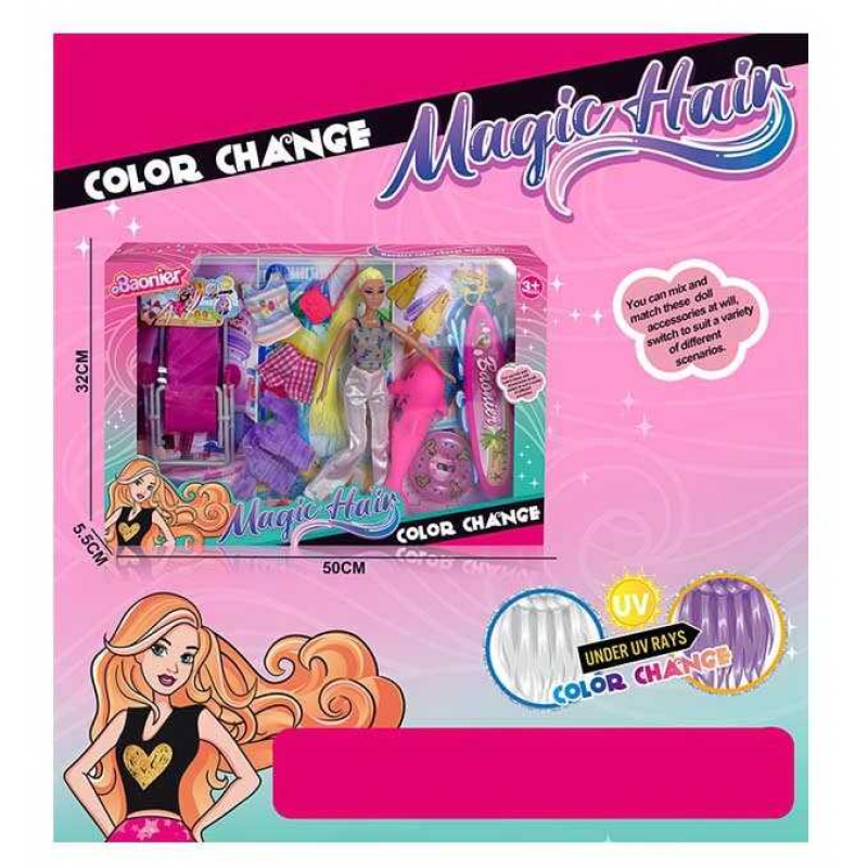 Лялька JJ 9913-2 G (30/2) висота - 30 см, змінює колір волосся, гумова голова, шарнірні суглоби, одяг, розкладний шезлонг, дельфін, надувне коло, дошка для серфінгу, аксесуари, в коробці