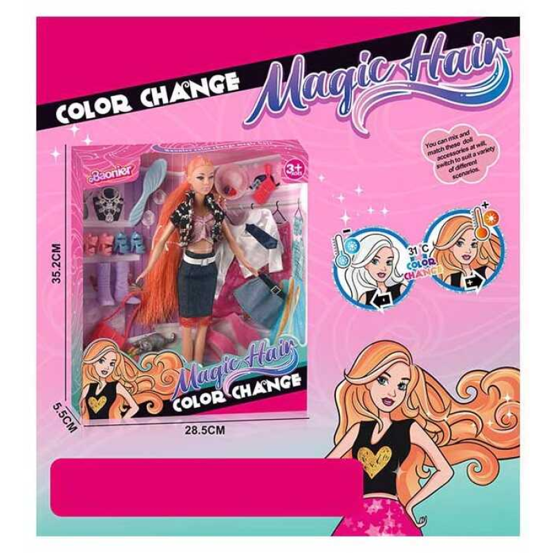 Лялька JJ 9914-1 W (48/2) висота - 30 см, змінює колір волосся, гумова голова, додаткові одяг та взуття, фігурка кішки, аксесуари, в коробці