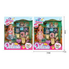 Лялька L 5-15 (96/2) 2 види, “Школа“, будильник, ножиці, олівці, стаканчики, кошик, висота ляльки 14см, в коробці