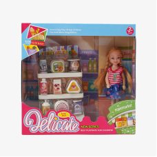 Лялька L 5-22 (96/2) “Супермаркет“, полички з продуктами, висота ляльки 14см, знімний одяг та взуття, в коробці