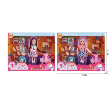 Лялька L 5-24 (96/2)  2 види, висота ляльки - 14 см, гумова голова, 3 фігурки тварин, лялька, візочок, лежанка, рухомі деталі, аксесуари, в коробці