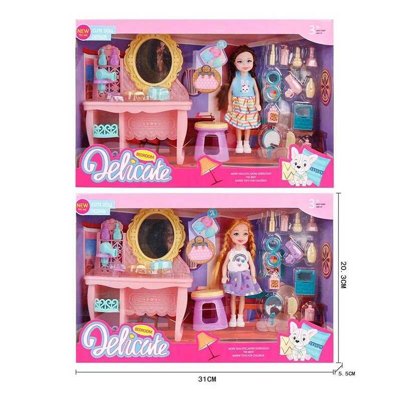 Лялька L 5-36 (96/2) 2 види, трюмо з дзеркалом, стільчик, палетка, парфуми, висота ляльки 14см, в коробці Лялька L 5-36 (96/2) 2 види, трюмо з дзеркалом, стільчик, палетка, парфуми, висота ляльки 14см, в коробці