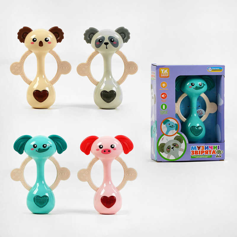 Брязкальце на батарейках “Музичні звірята” TK - 51625 (96) “TK Group“, 4 кольори, ОЗВУЧУВАННЯ УКРАЇНСЬКОЮ МОВОЮ, пісні, підсвічування, в коробці, МІКС