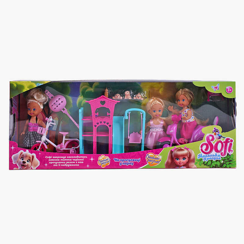 Лялька Sofi 85273 (36/2) “На прогулянці у парку”, 3 ляльки, мопед, велосипед, дитячий майданчик, висота ляльки 11 см, в коробці