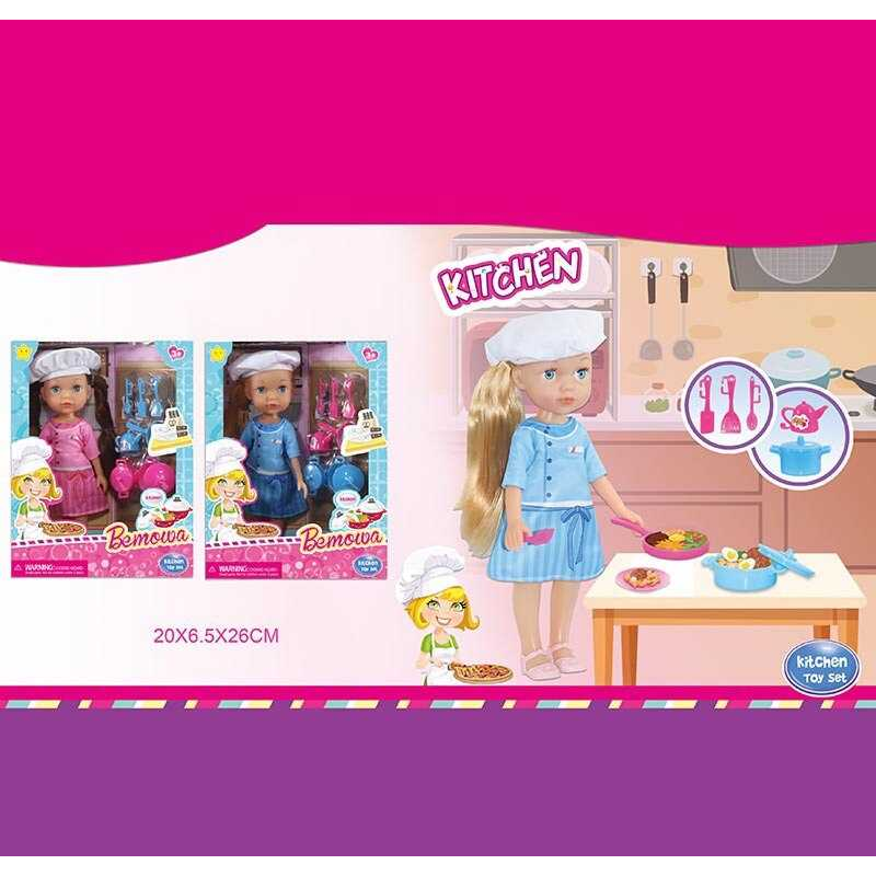 Лялька WG 053 (72/2) 2 види, “Шеф-кухар”, набір посуду, висота 25 см, в коробці