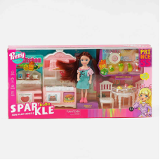 Лялька з меблями 7021 (32) висота 13 см, кухня, кухонні меблі, аксесуари, імітація продуктів, в коробці