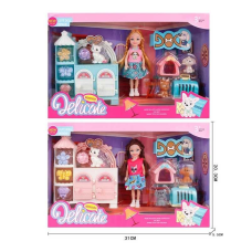 Лялька з меблями 9910 (96/2) 2 види, висота ляльки 14см, рухливі кінцівки, 3 улюбленці, дверця шафи відчиняються, будка, переноска, в коробці