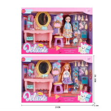 Лялька з меблями 9911 (96/2) 2 види, висота ляльки 14см, рухомі кінцівки, трюмо з висувними поличками, стільчик, дзеркальця, фен, гребінець, в коробці