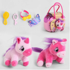 М“яка іграшка “Поні“ DR 5056 (72/2) “Набір для догляду”, вихованець єдиноріг, миска, аксесуари, в переносці