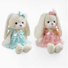 М`яка іграшка M 17976 (100) “Зайчик”, 2 види, текстиль, знімна сукня з декором, блискучі вставки на вухах, висота іграшки - 50 см